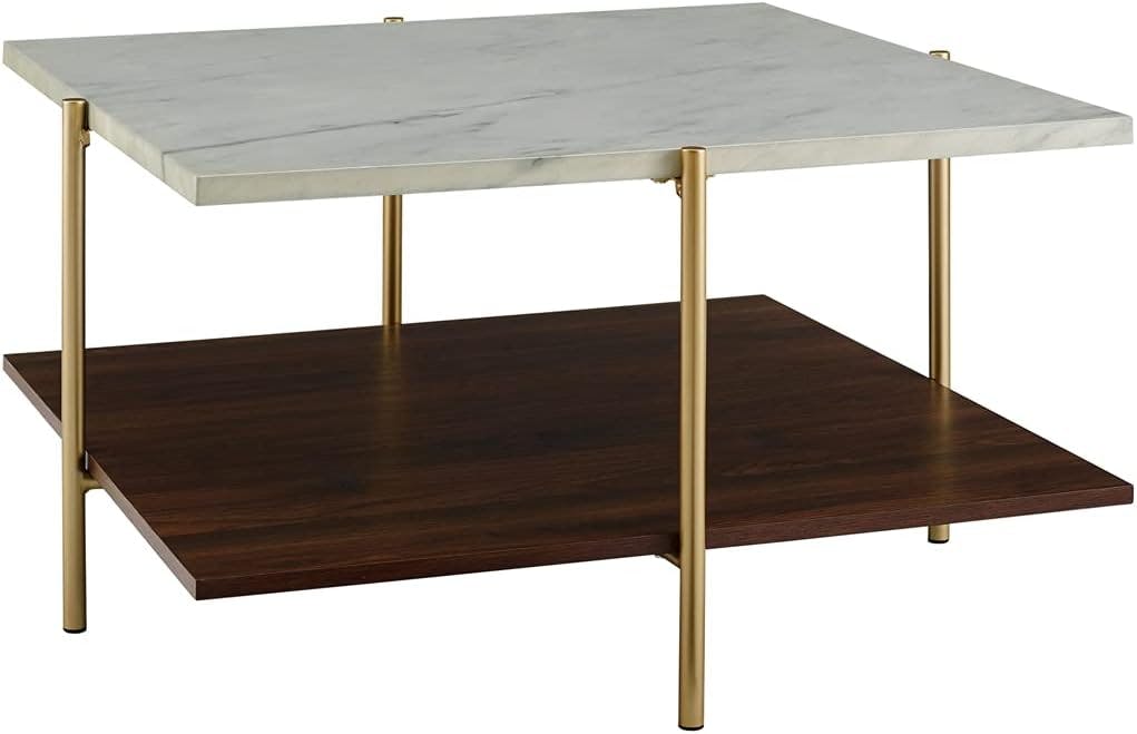 Mid-Century Glossy Faux Marble 32" Square Coffee Table with Gold Legs