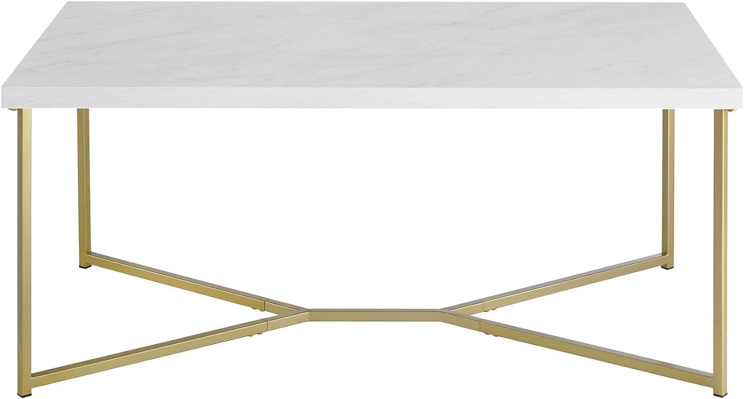 Elegant White Faux Marble and Gold Metal Rectangular Coffee Table