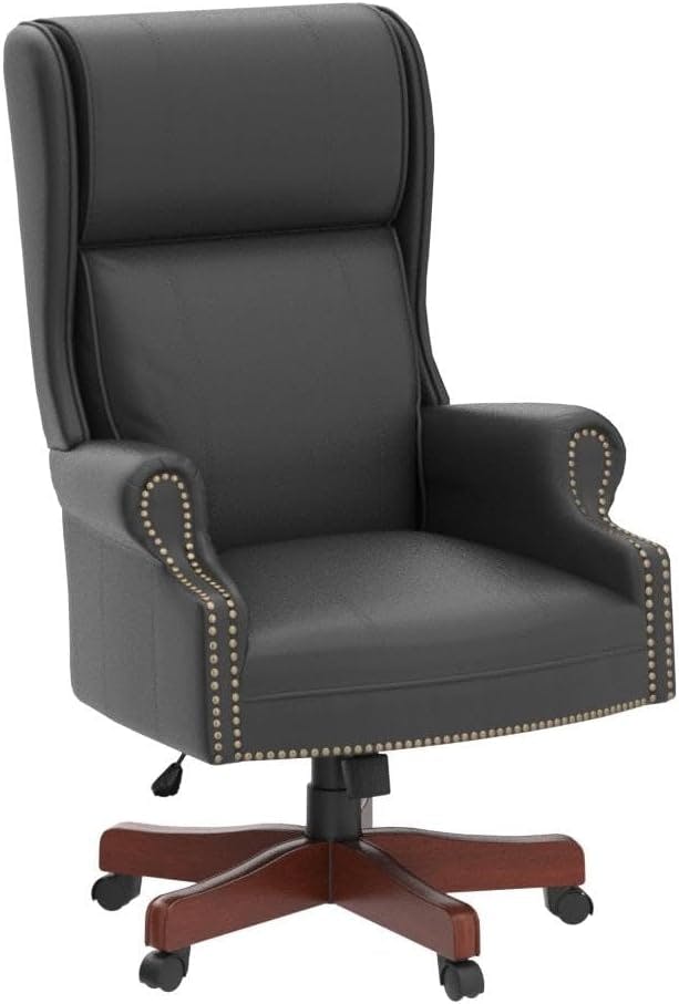 Traditional High Back Executive Chair in Black Leather with Brass Accents