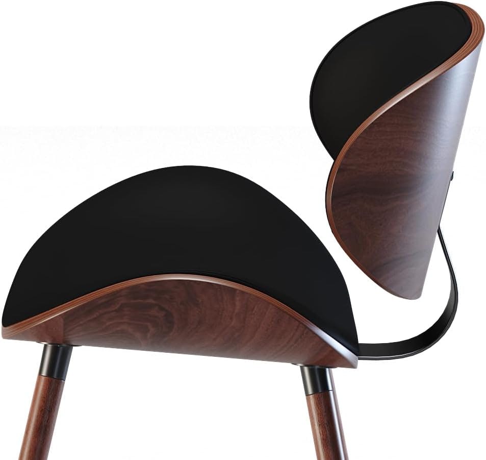 Marana Curved Black Faux Leather and Wood Mid-Century Side Chair