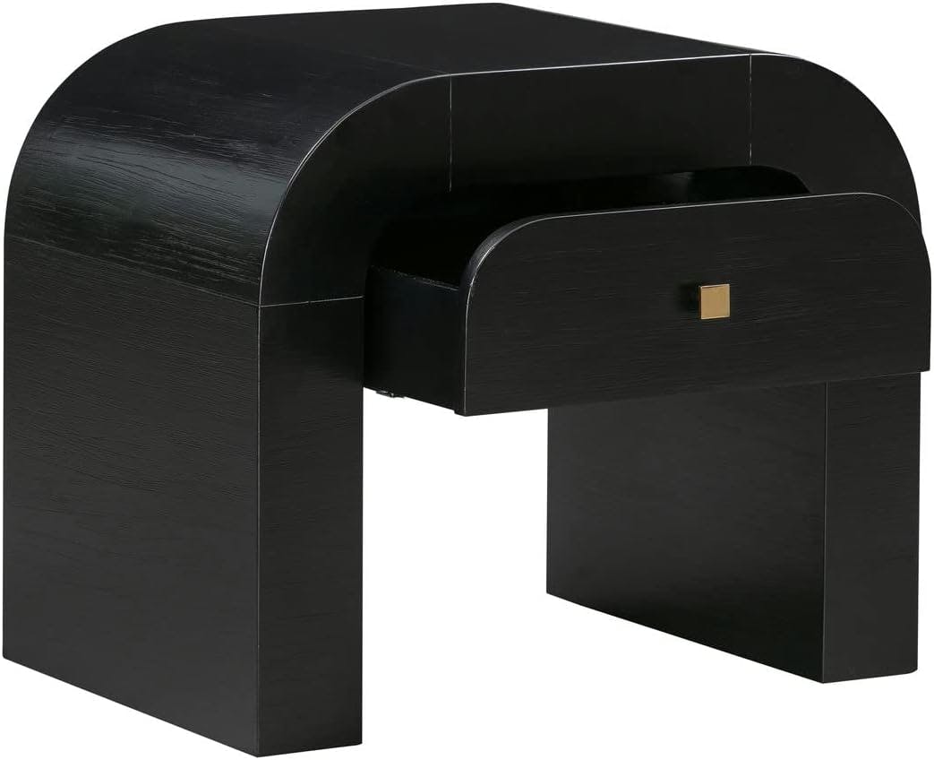 Modern Acacia Black Nightstand with Rounded Silhouette and Gold Accents