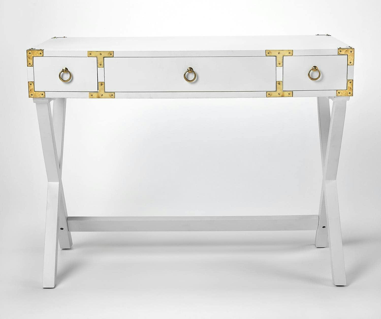 Aerilyn Glossy White Wood Writing Desk with Gold Accents