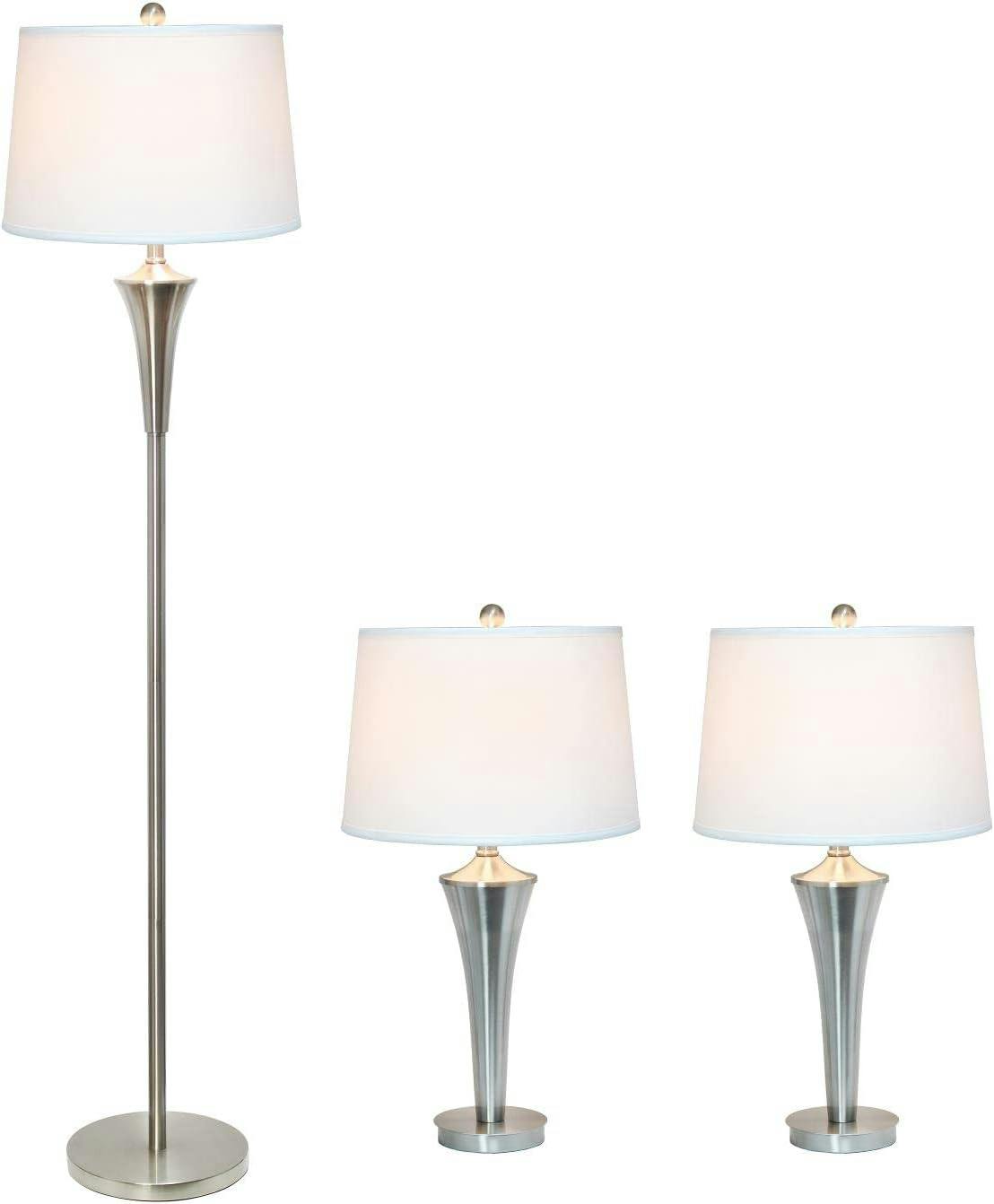 Sleek Modern Brushed Nickel 3-Piece Lamp Set with White Shades