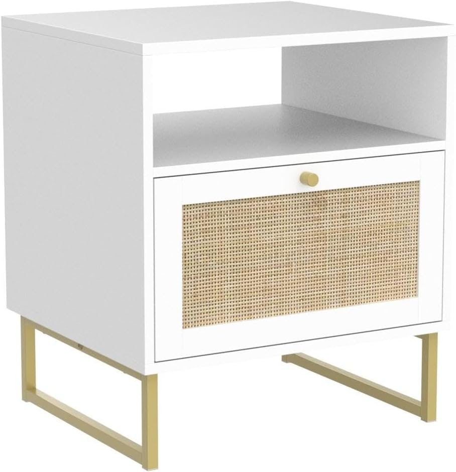 Mina White and Gold Rattan Wood End Table with Boho Storage