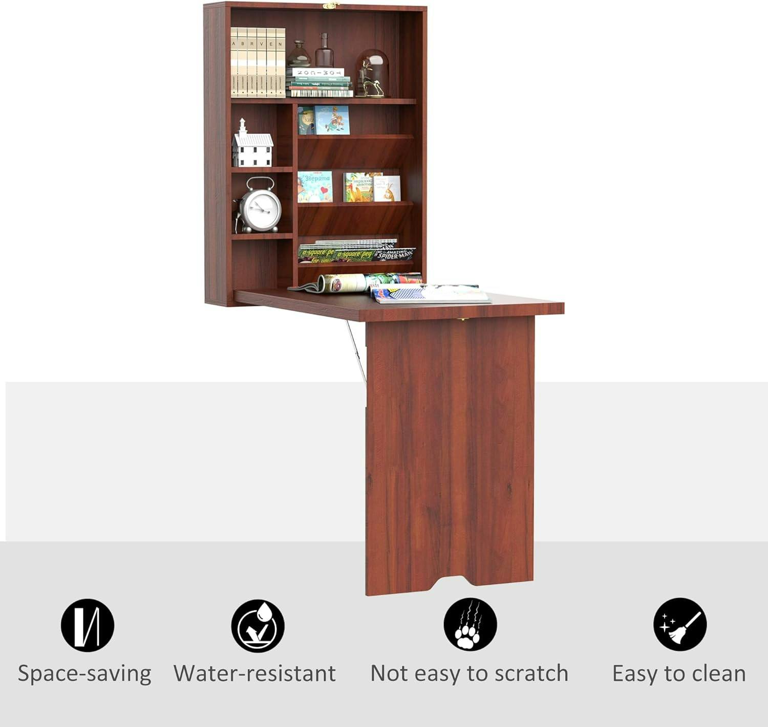 Compact Mahogany Wall-Mounted Convertible Desk with Storage