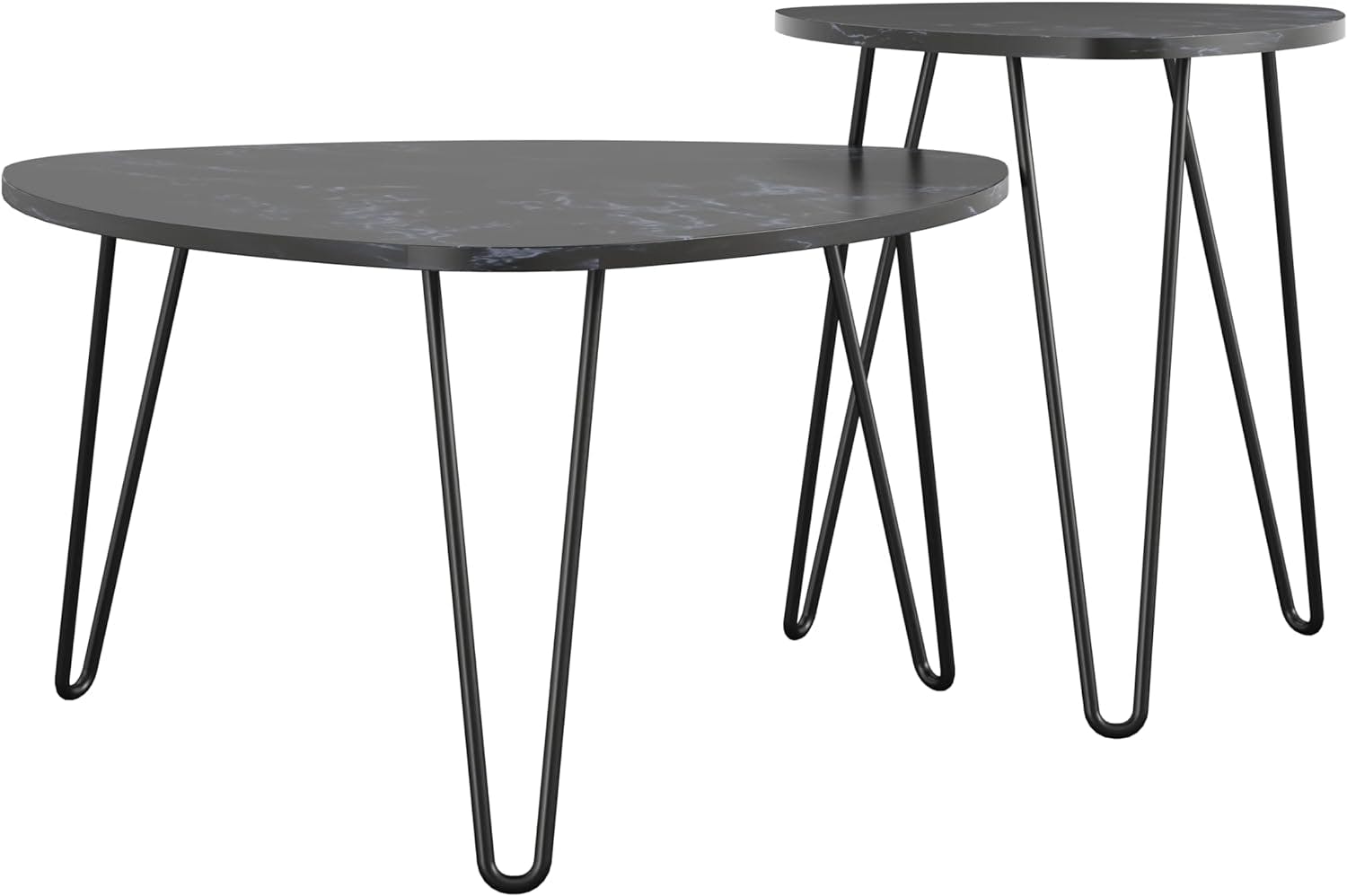 Retro Glam Black Faux Marble & Metal Hairpin Nesting Tables