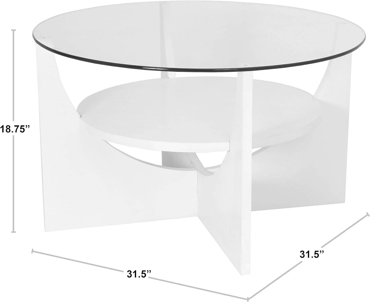 34" Circular Black Wood & Clear Glass Coffee Table with Storage Shelf