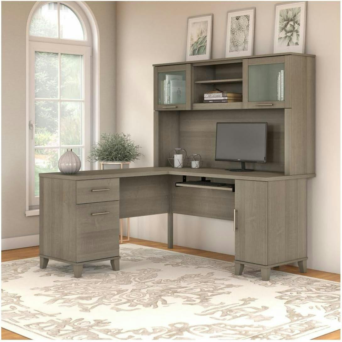 Transitional Ash Gray L-Shaped Desk with Hutch and Keyboard Tray