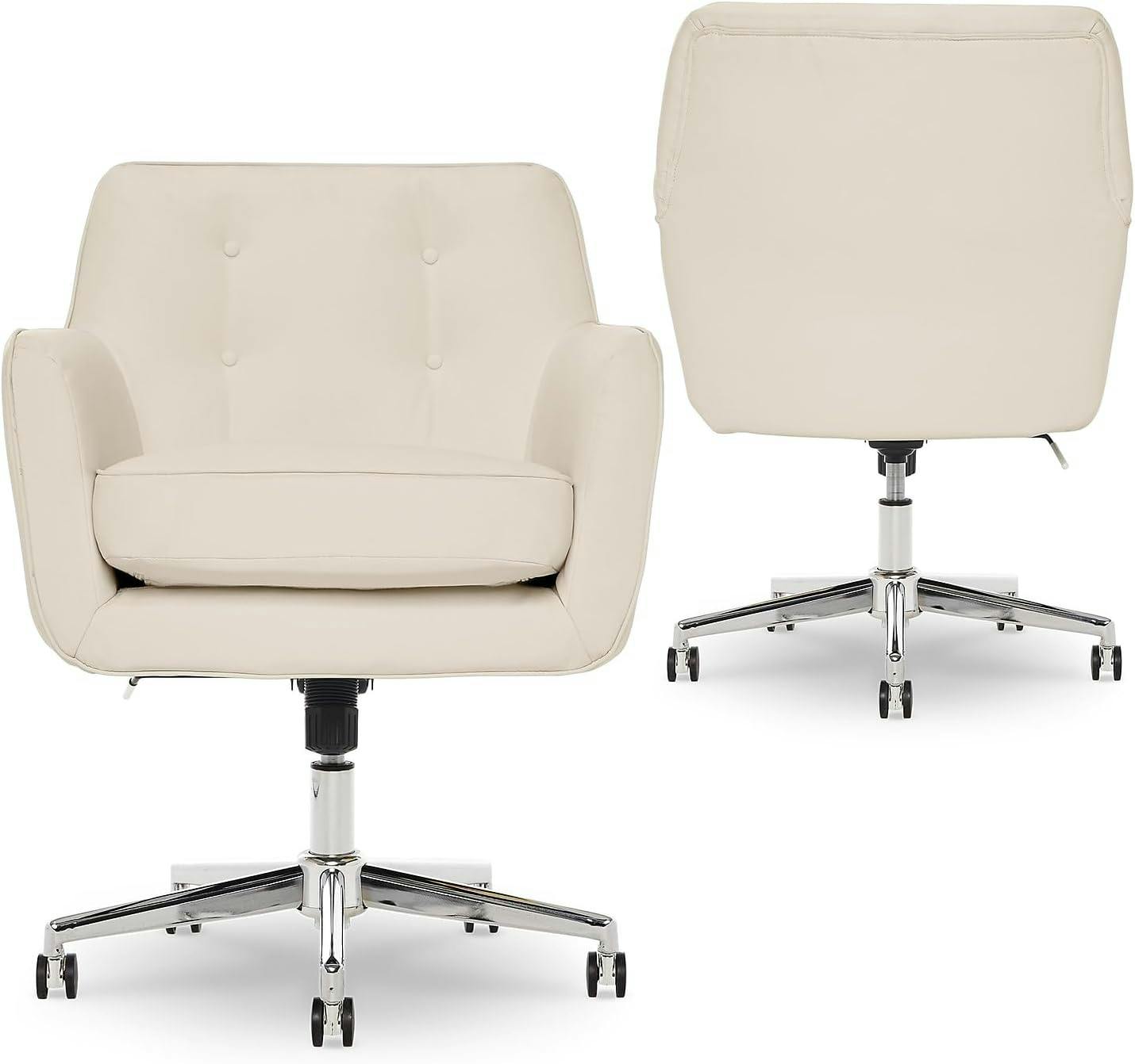 Cream Leather Swivel Home Office Chair with Metal Base