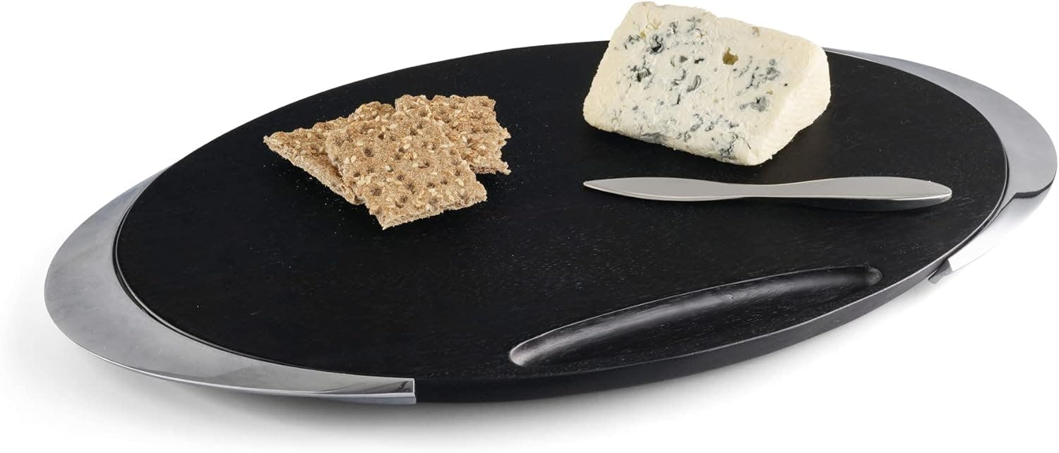 Cozzolino Modern Noir Acacia Wood & Alloy Cheese Board Set with Knife