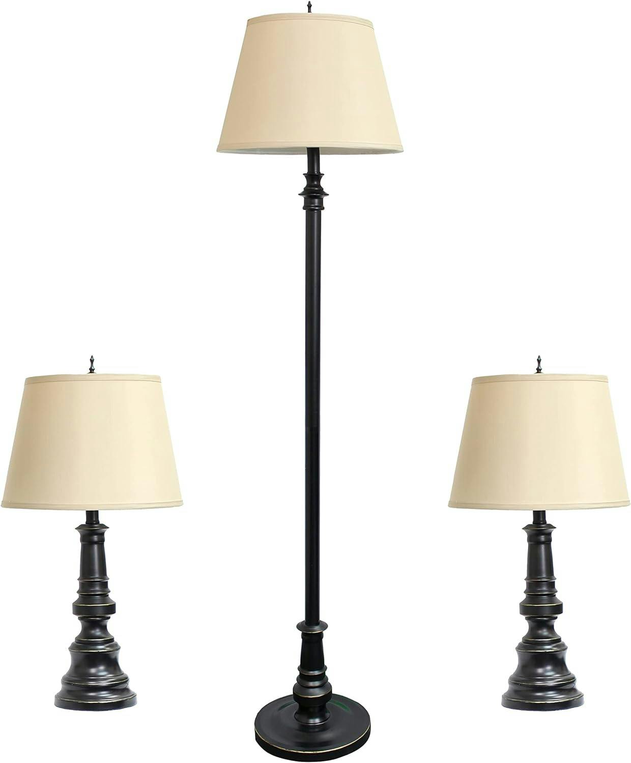 Elegant 3-Piece Bronze Lamp Set with Tan Fabric Shades