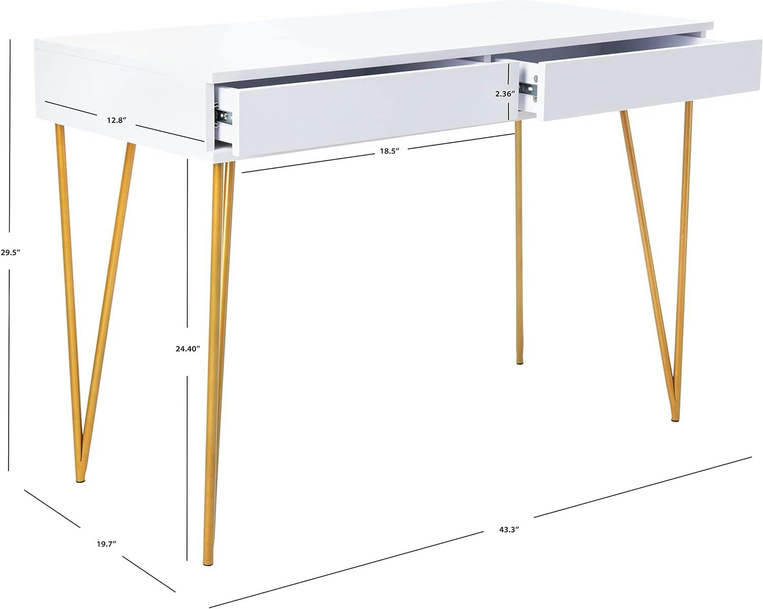Elegant Transitional White and Gold Home Office Desk with 2 Drawers
