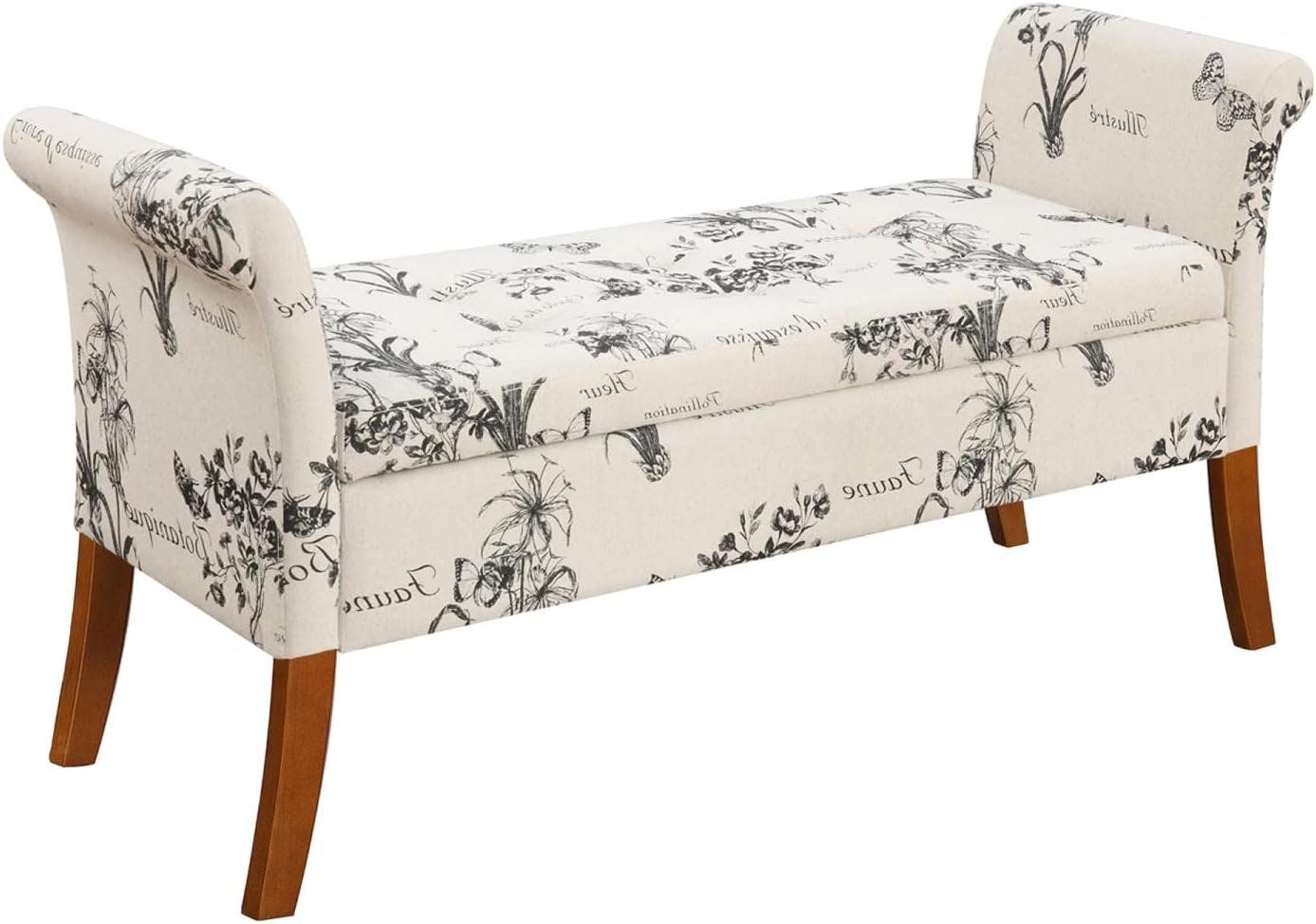Beige Botanical Fabric Tufted Storage Bench with Rolled Armrests