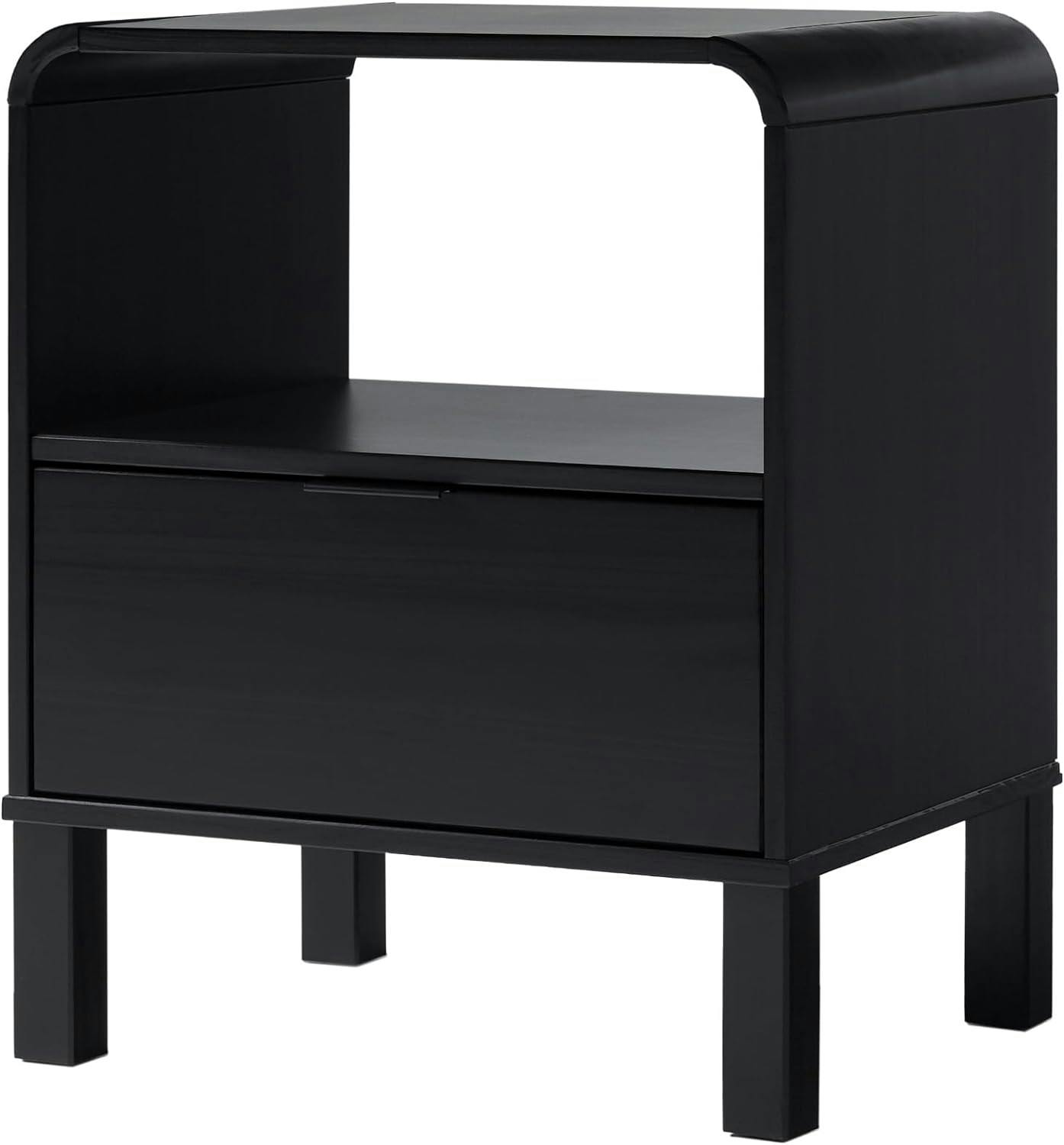 Curved-Top Solid Pine 1-Drawer Nightstand in Black