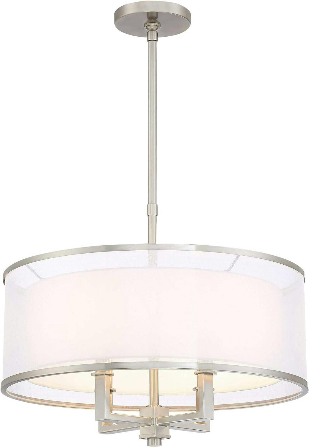 Elegant Brushed Nickel 23" Drum Pendant with Silver Organza and White Linen Shade