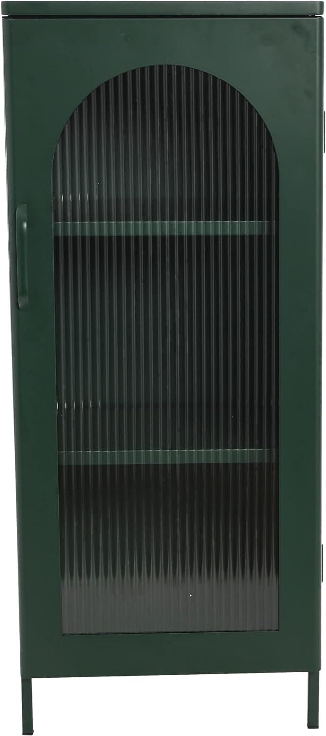 Solstice Arched Glass Door Metal Storage Cabinet in Dark Green