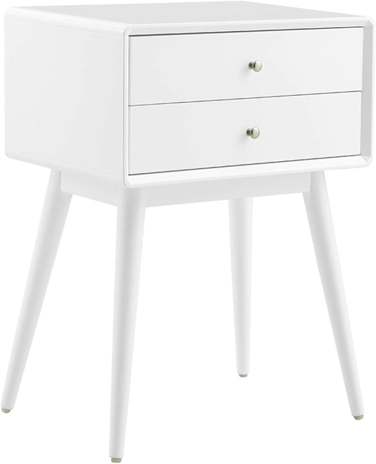 Mid-Century Modern White Wood and Metal Nightstand with Dual Drawers