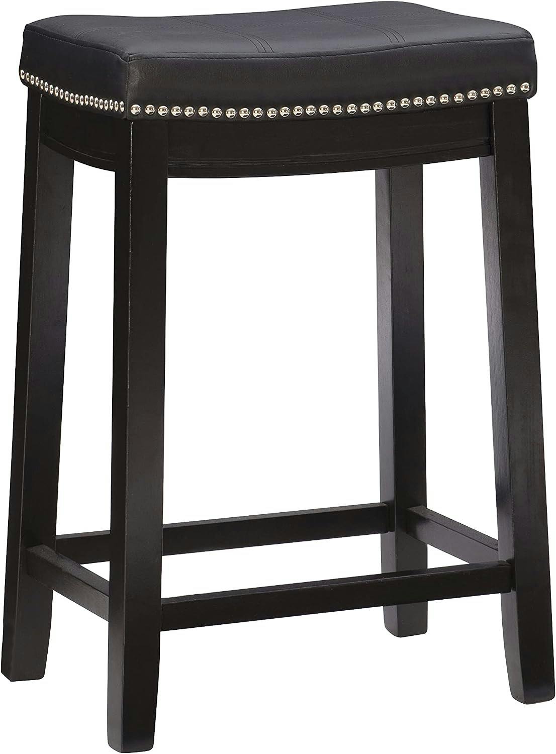26" Black Wood and Leather Saddle-Style Backless Counter Stool