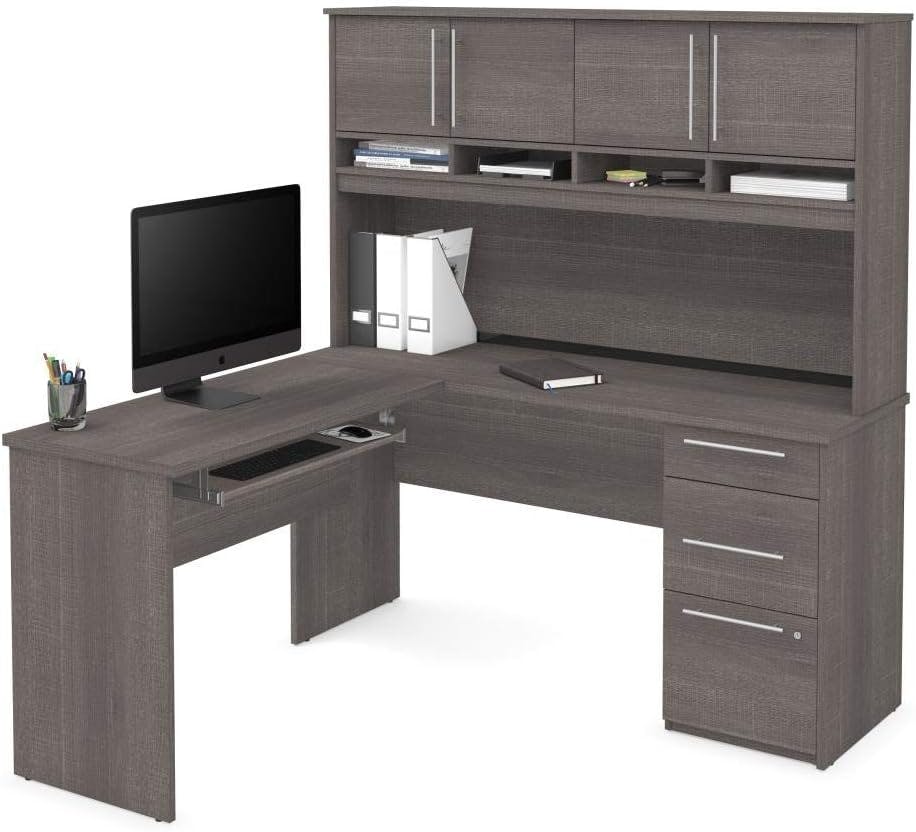 Contemporary Gray L-Shaped Computer Desk with Hutch and Storage