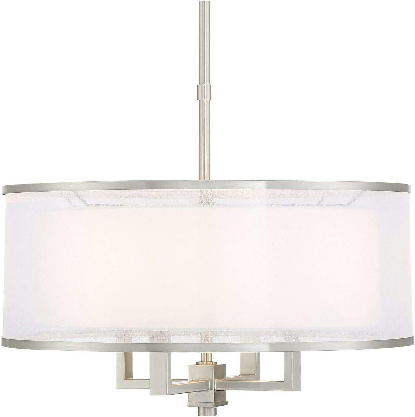 Elegant Brushed Nickel 23" Drum Pendant with Silver Organza and White Linen Shade