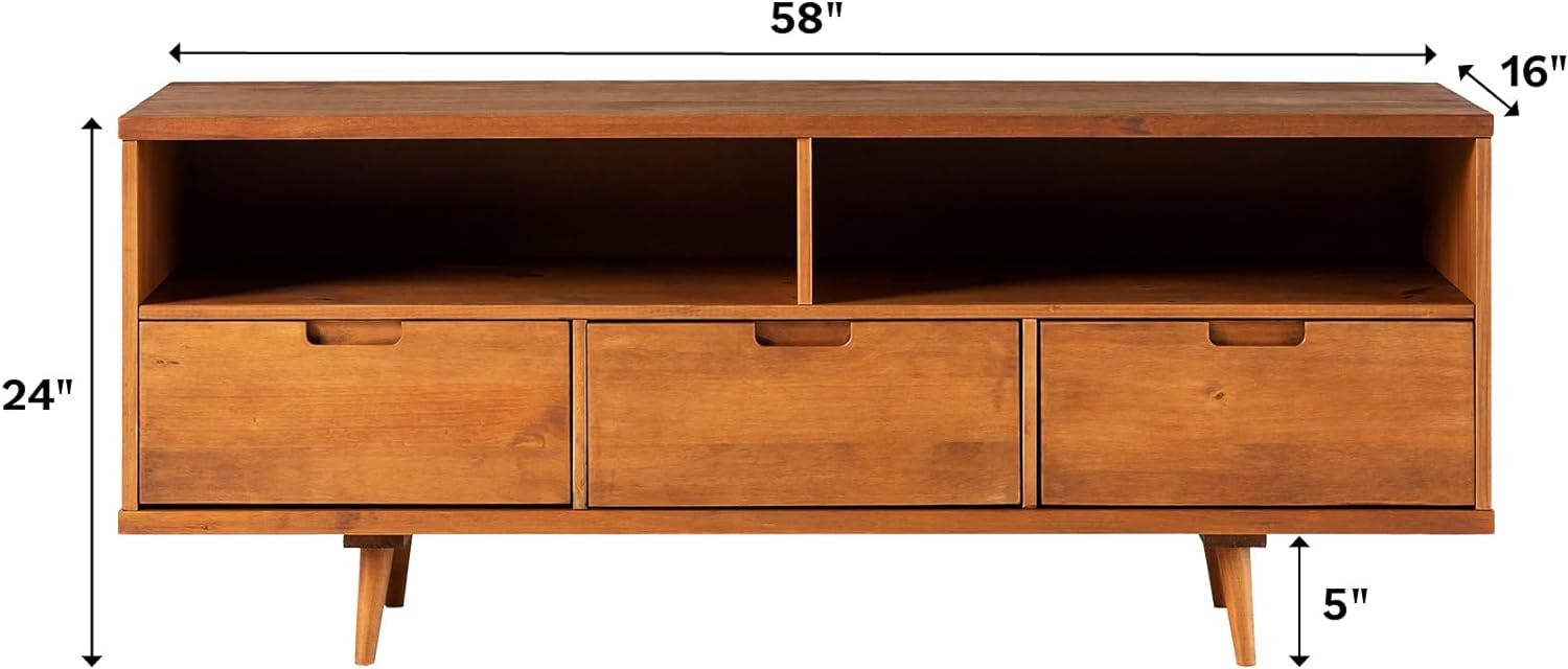 Mid-Century Modern 58" Walnut TV Stand with 3 Drawers and Open Shelves