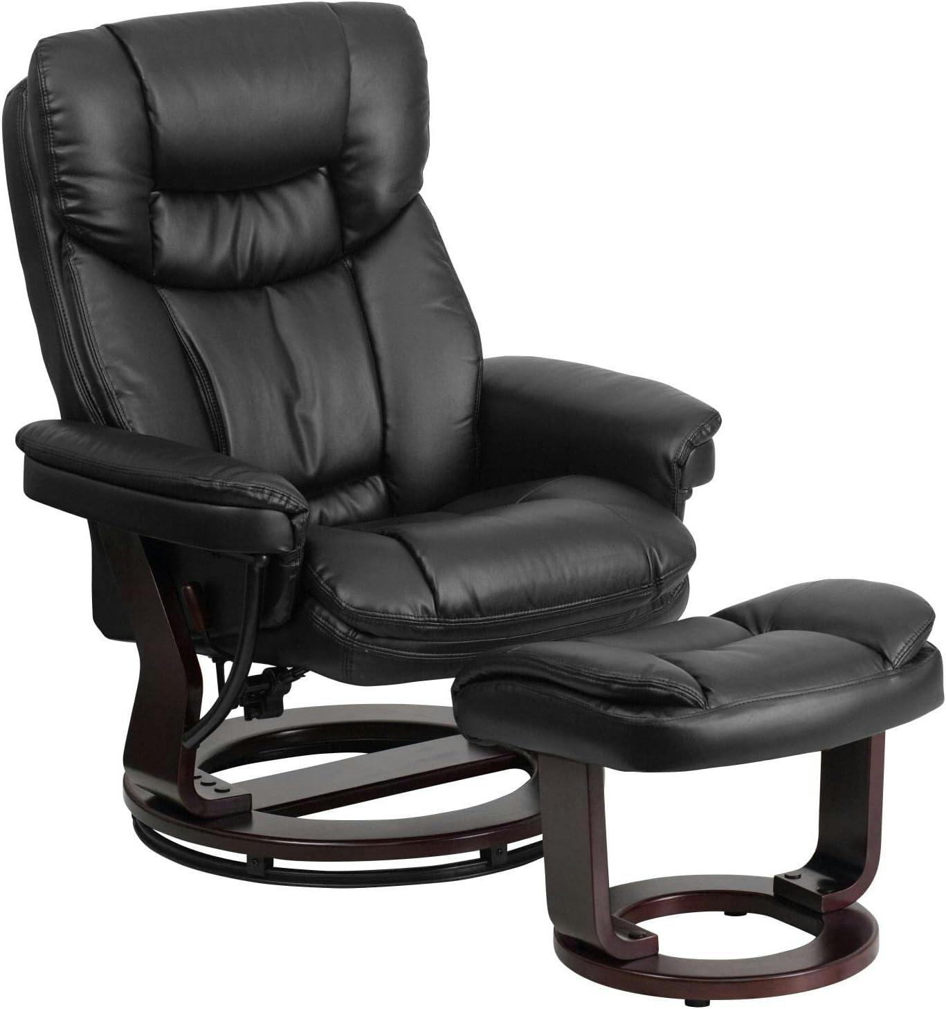 Sustainably Sourced Black Leather Swivel Recliner with Mahogany Wood Base