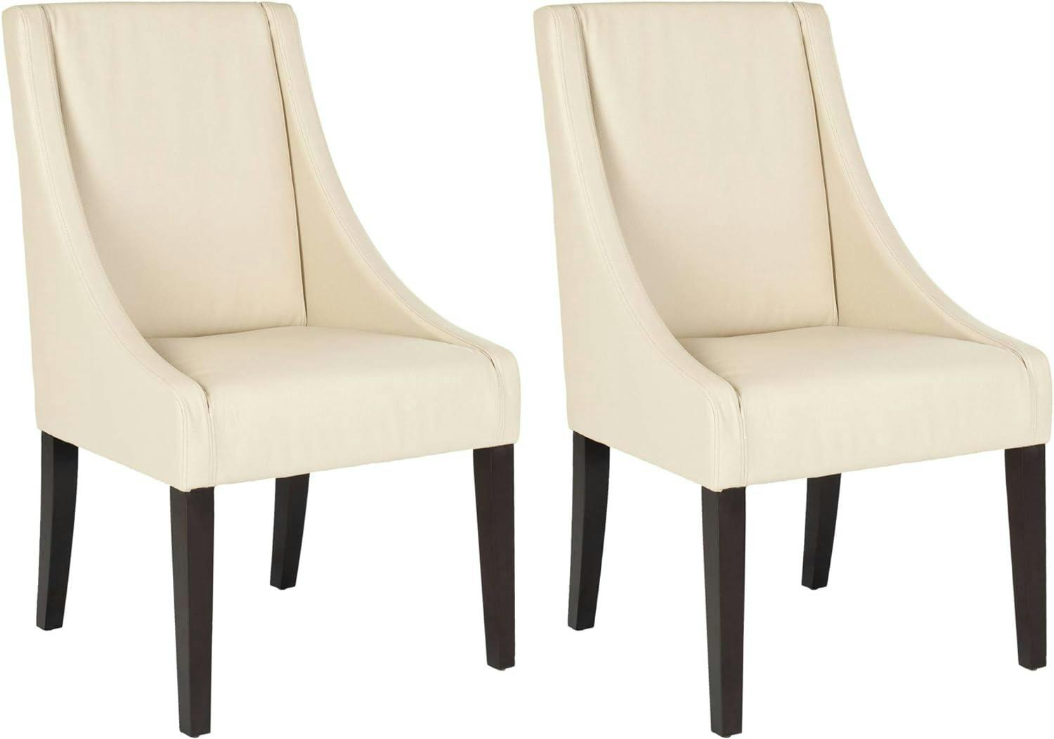 Cream Upholstered Leather Parsons Side Chair with Wood Legs