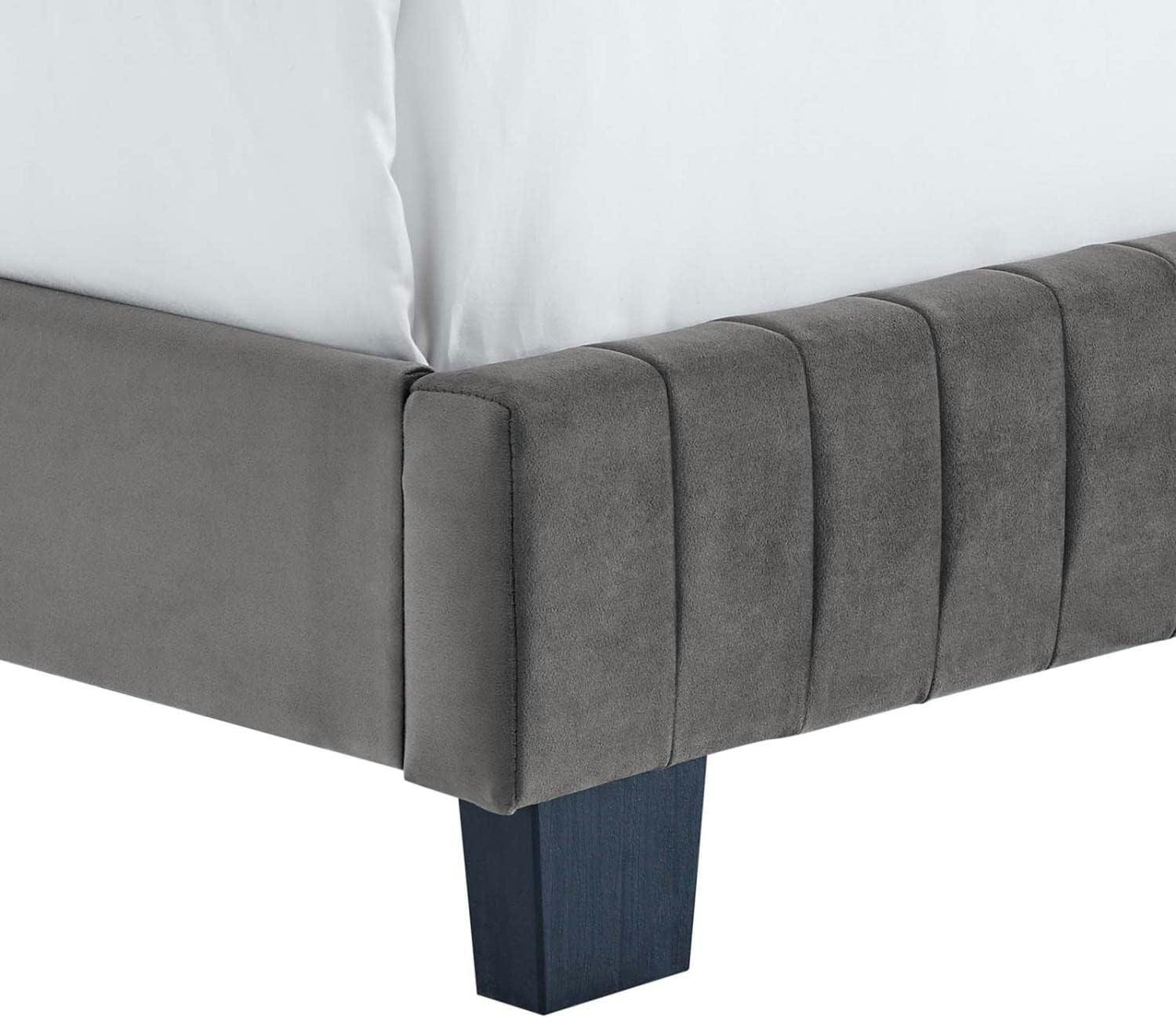 Luxurious Gray Velvet King Bed with Channel Tufted Headboard