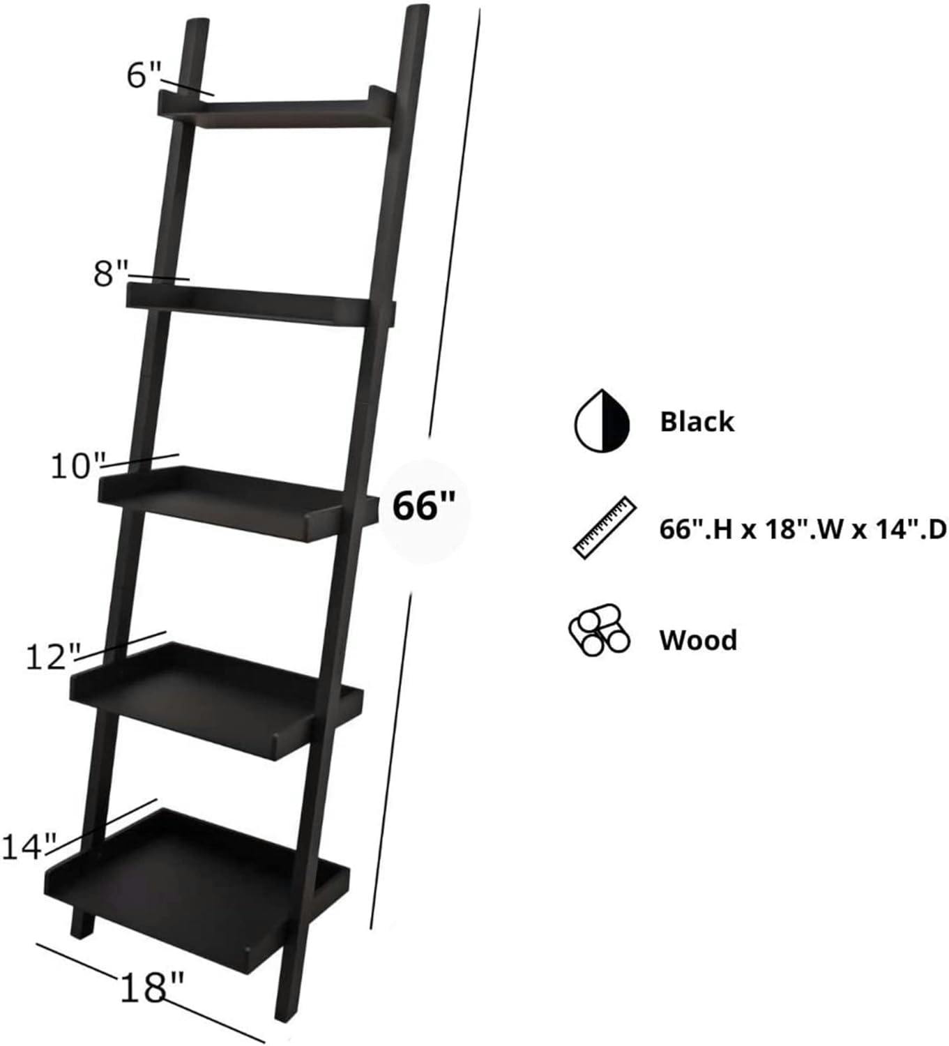 Hadfield 5-Tier Black Wood Leaning Ladder Shelf