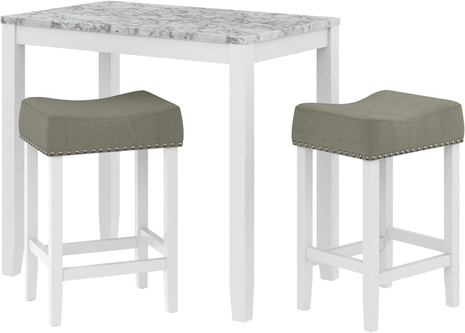 Elegant Marble-Top Bistro Dining Set with Light Gray Fabric Chairs