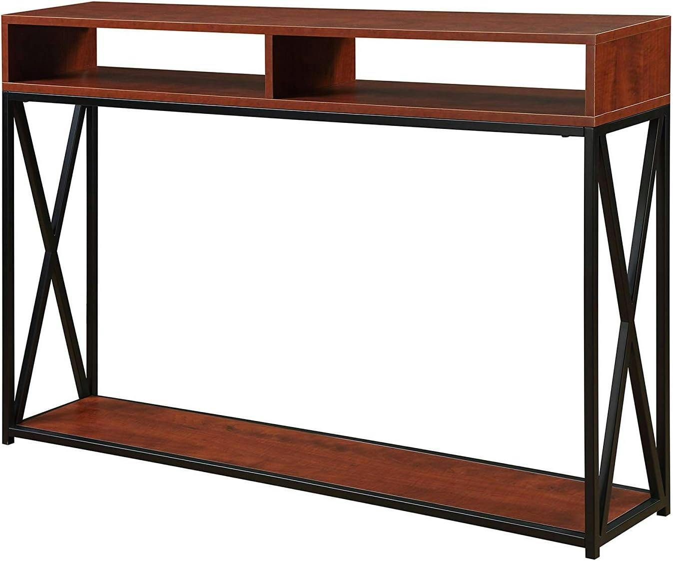 Cherry and Black Deluxe Metal and Wood Console Table with Storage
