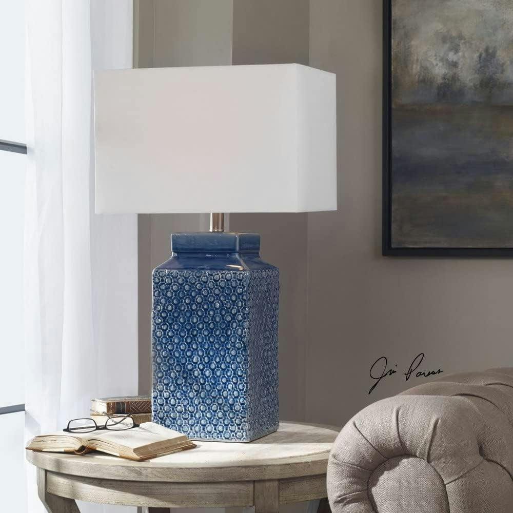 Sapphire Blue Ceramic Table Lamp with White Linen Shade