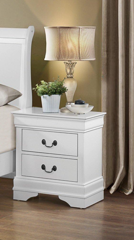 Louis Philippe Inspired White Wood 2-Drawer Nightstand with Brass Tone Handles