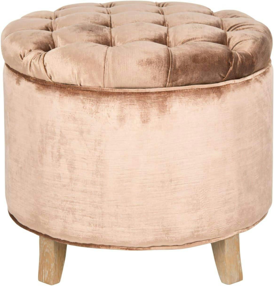 Transitional Pink Tufted Round Storage Ottoman with Oak Legs
