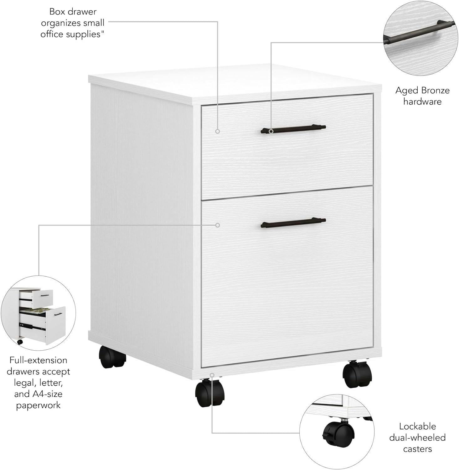 Pure White Oak Mobile Pedestal File Cabinet with Locking Casters