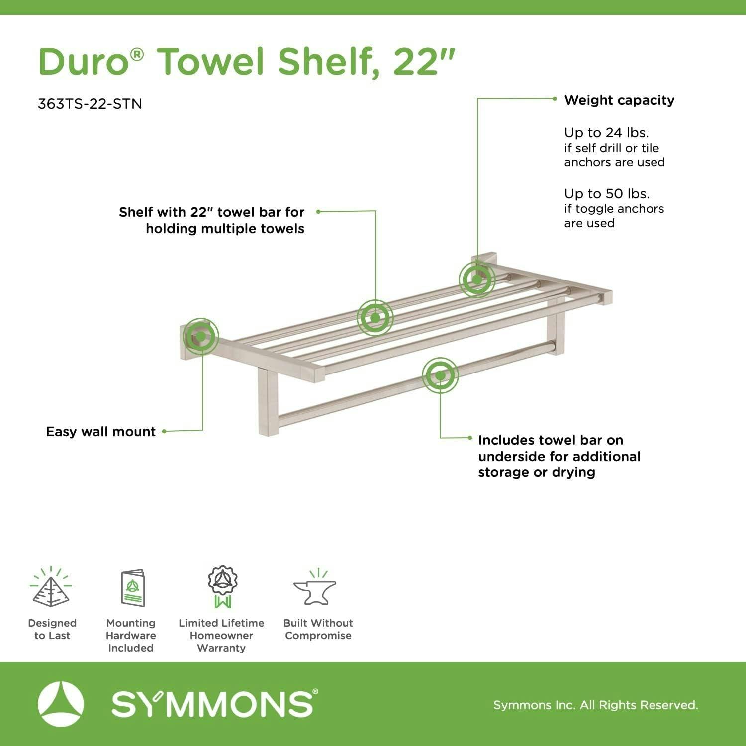 Duro 22" Satin Nickel Wall-Mounted Towel Shelf with Towel Bar