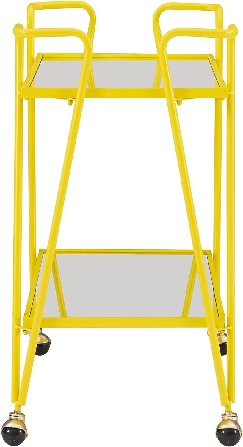 Bright Yellow Mid-Century Mirrored 2-Tier Mobile Bar Cart