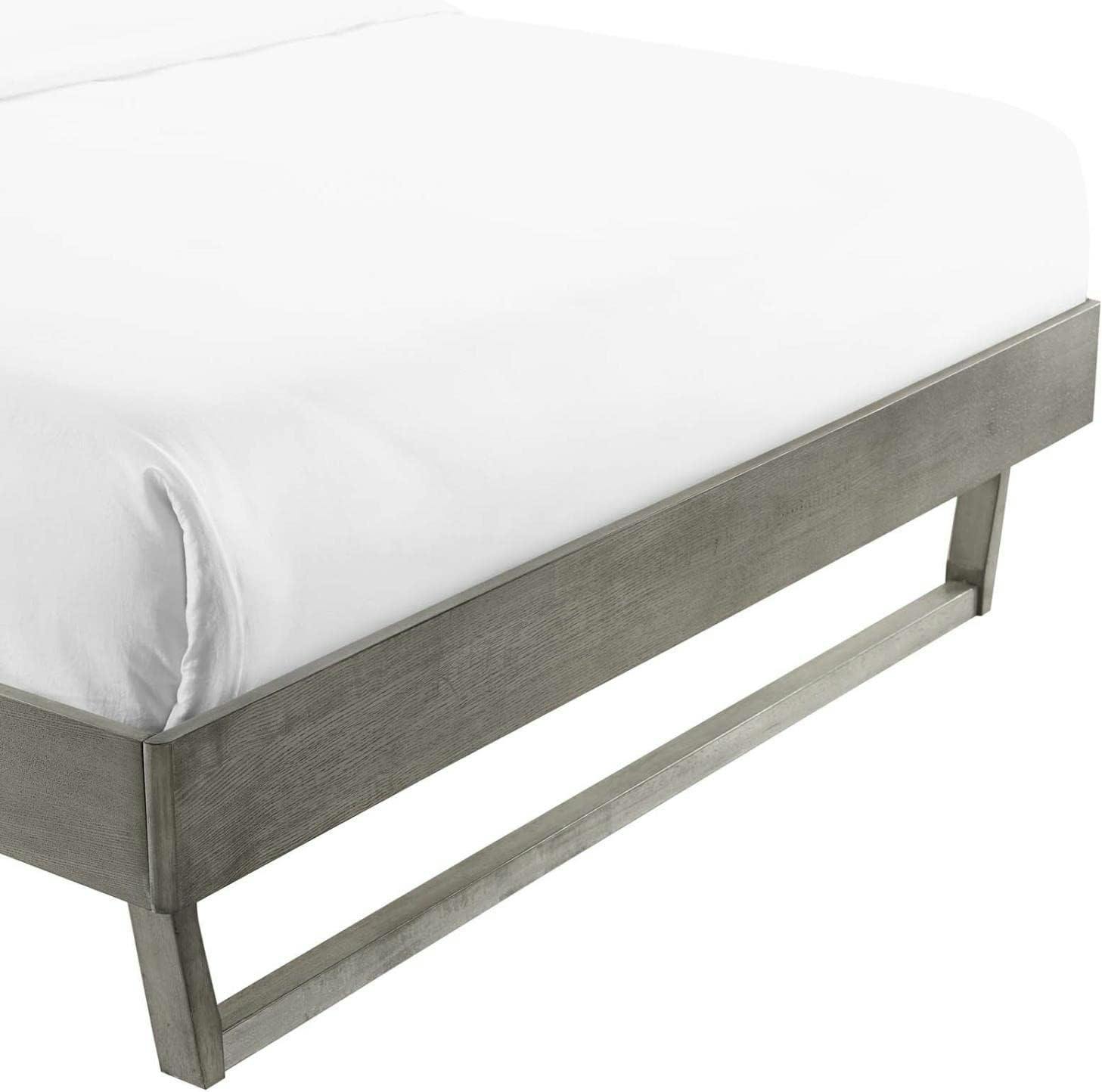 Mid-Century Modern Gray Full Platform Bed with Wood Frame and Headboard