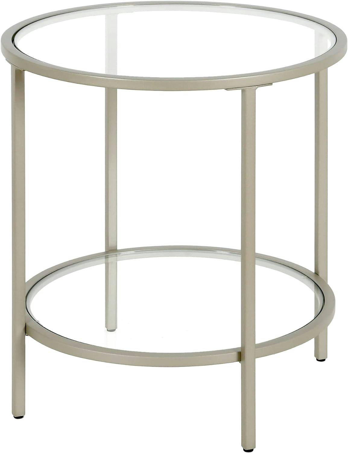 Satin Nickel 20" Round Metal & Glass Side Table with Shelf