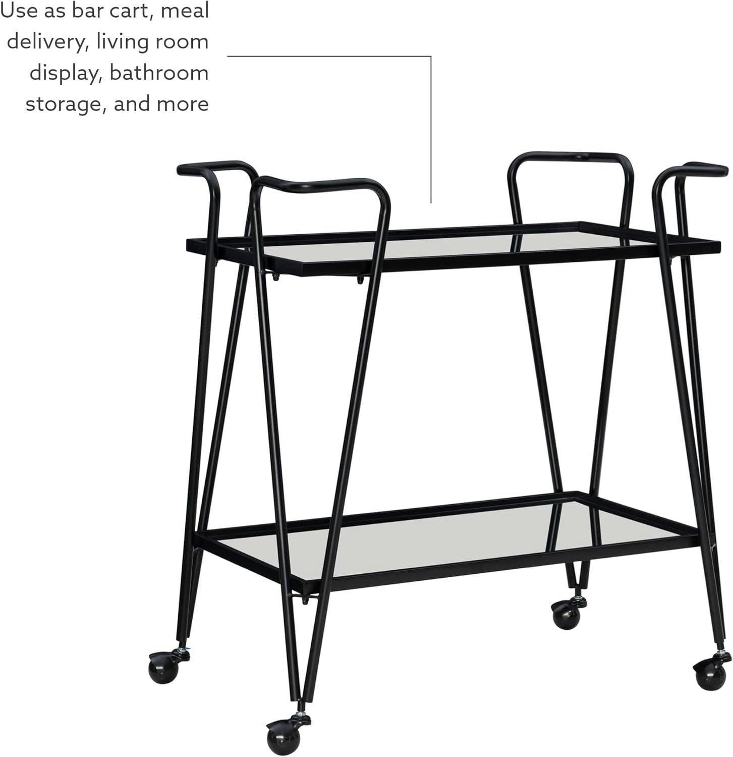 Lawsonia Sleek Black Iron & Mirrored 2-Tier Mobile Bar Cart