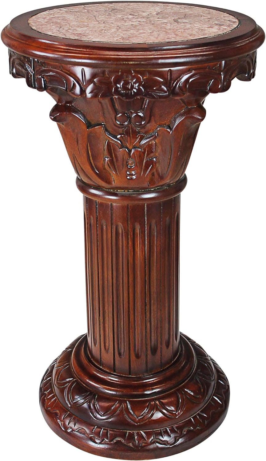 Rose-Hued Marble & Hand-Carved Wood Fluted Column, 28" Height