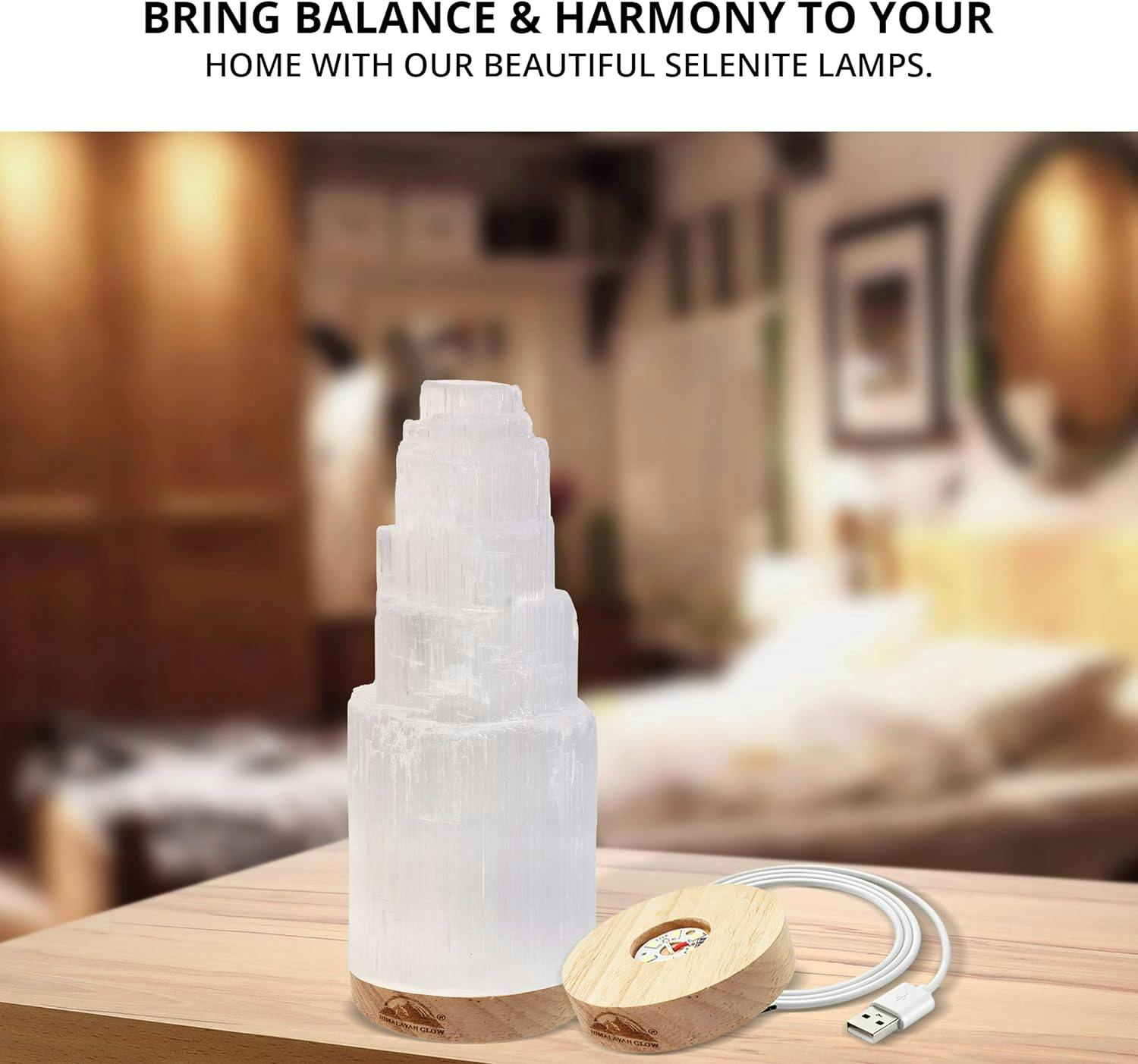 20cm Selenite Crystal Desk Lamp with Wooden Base - White