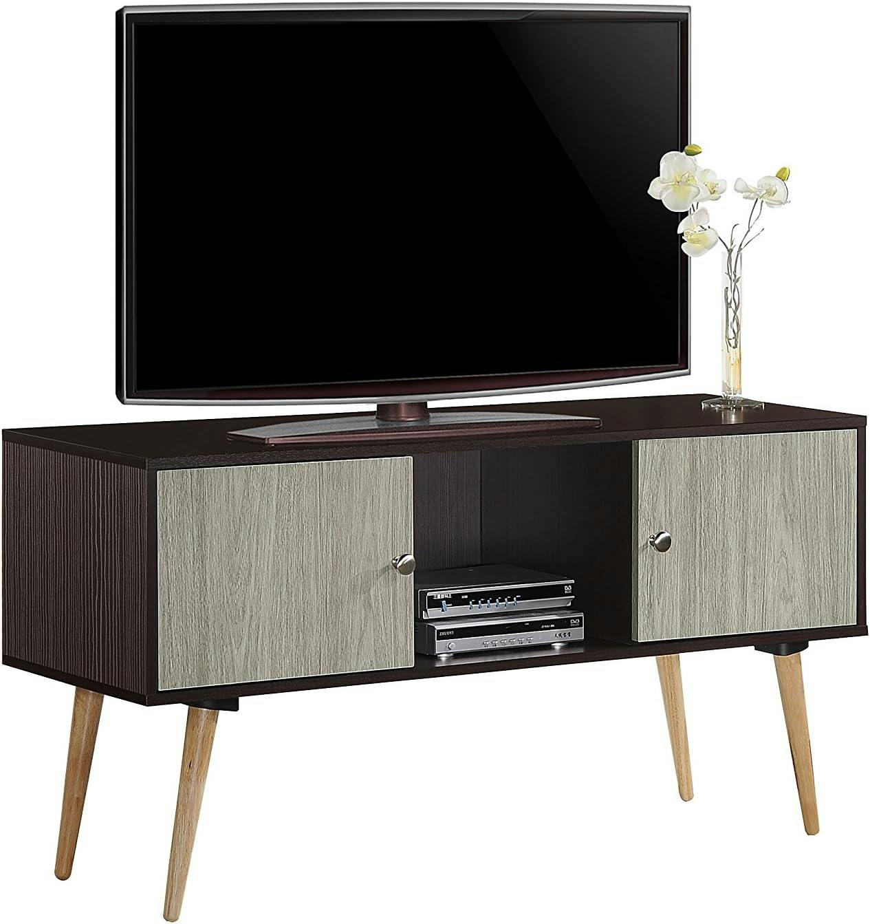 Retro Chocolate Wooden TV Stand with Open Shelf and Storage