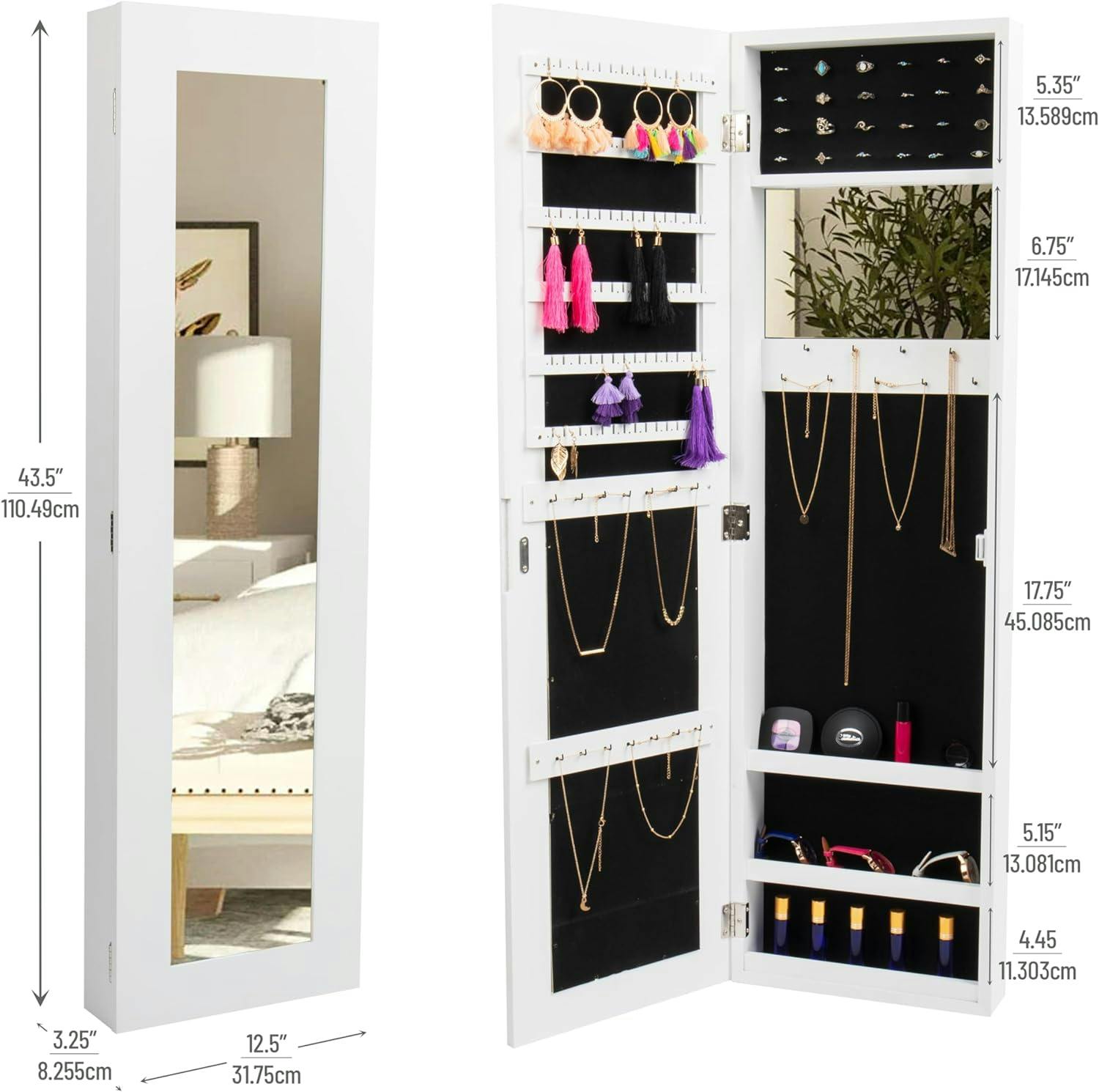 Elegant White Pine Wall-Mounted Jewelry Armoire with Full-Length Mirror