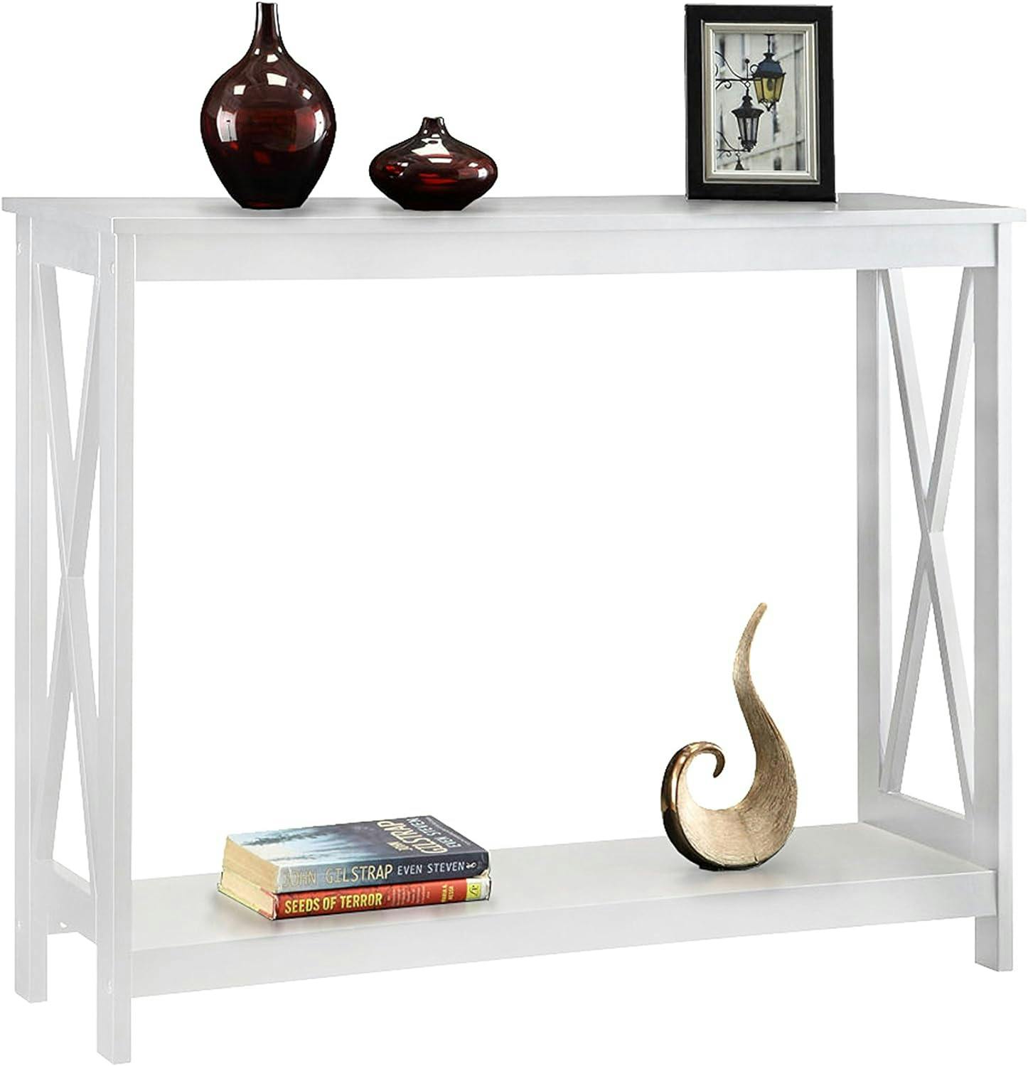 Oxford White Console Table with Dual-Tier Storage Shelving