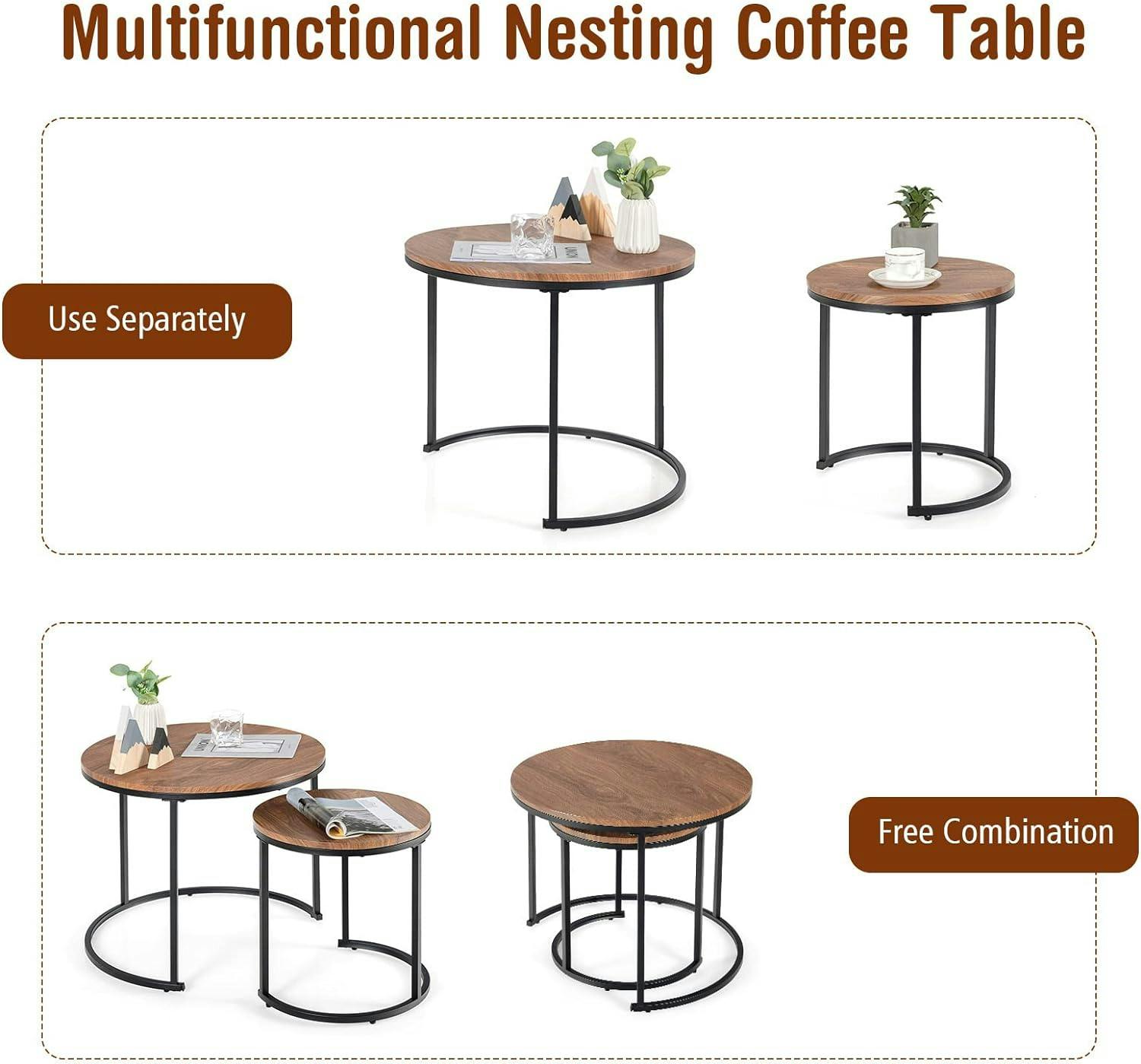 Vintage Walnut Round Nesting Coffee Table Set with Steel Frame