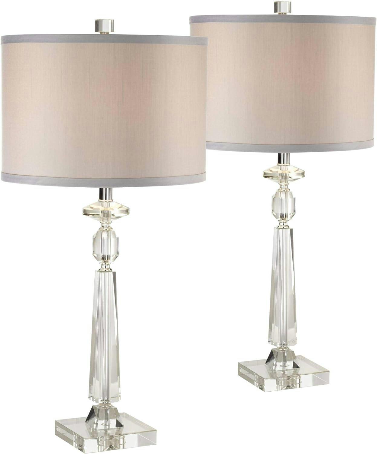 Geometric Crystal Column Table Lamps with Gray Drum Shade - Set of 2