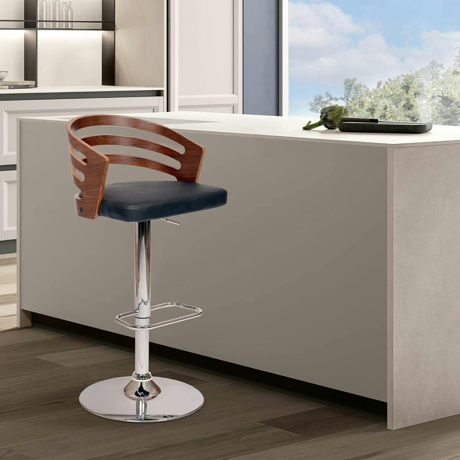 Contemporary Black Leather Swivel Barstool with Chrome and Walnut Accents