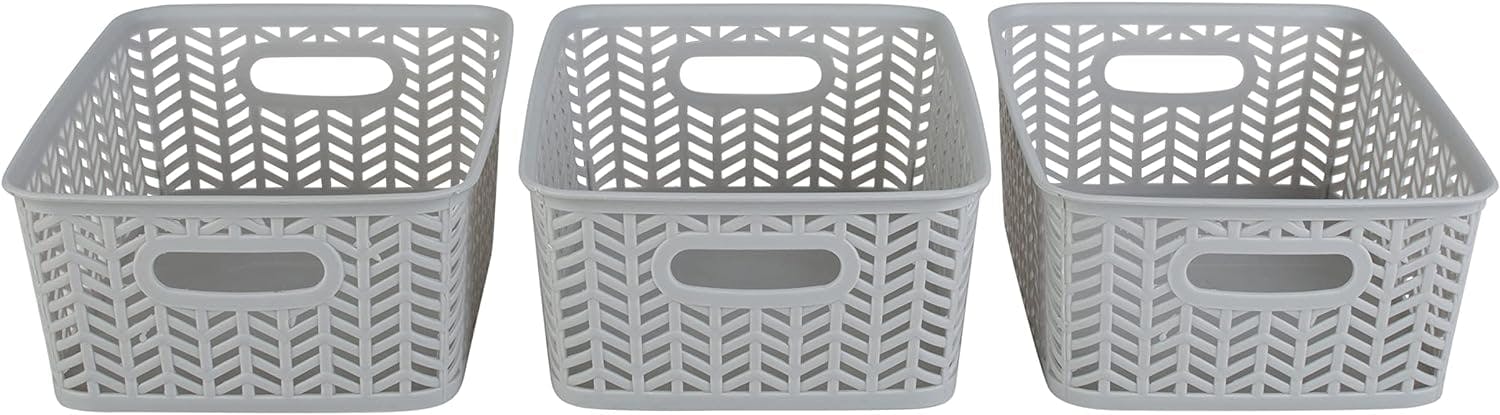 Set of 3 Grey Herringbone Polypropylene Small Storage Baskets