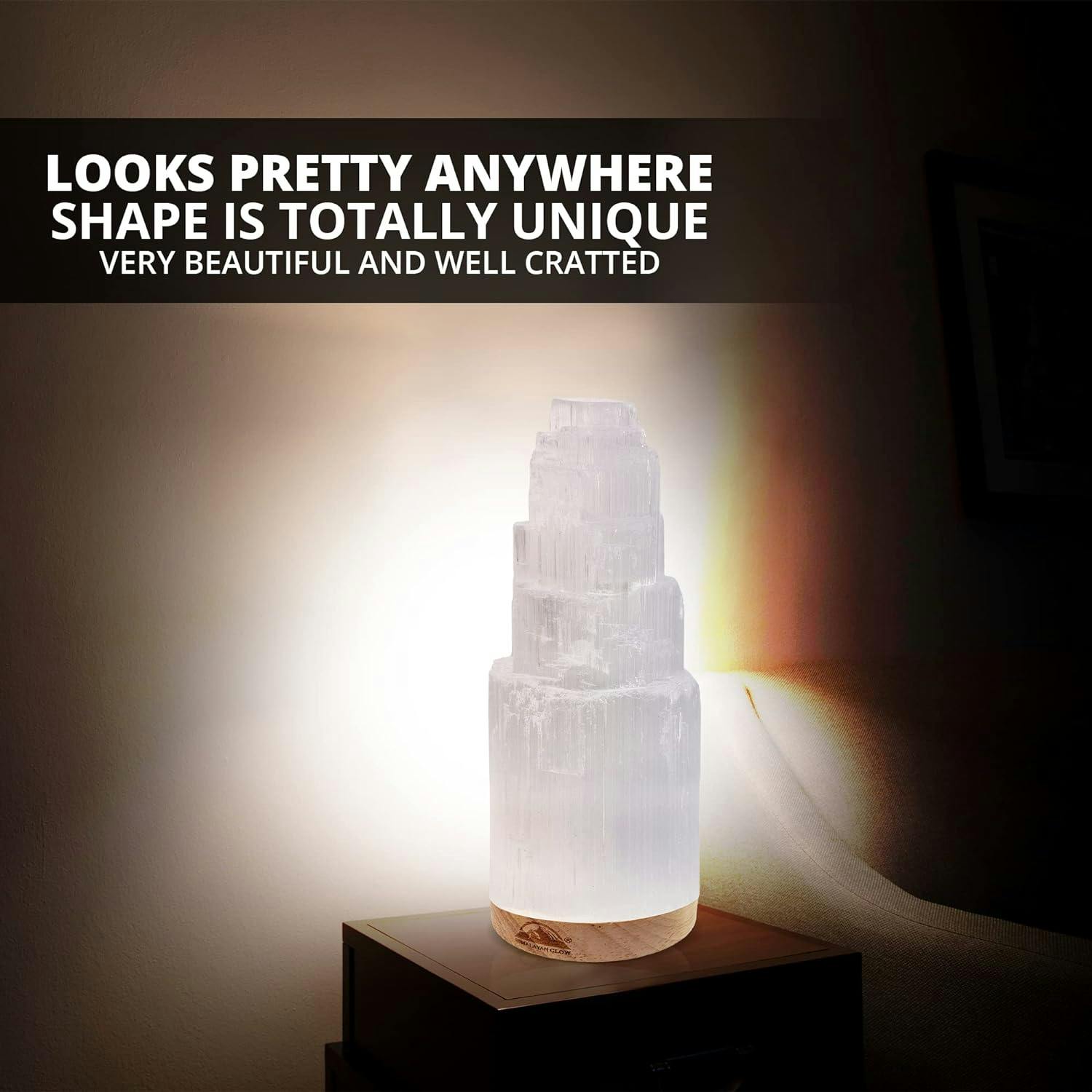 20cm Selenite Crystal Desk Lamp with Wooden Base - White
